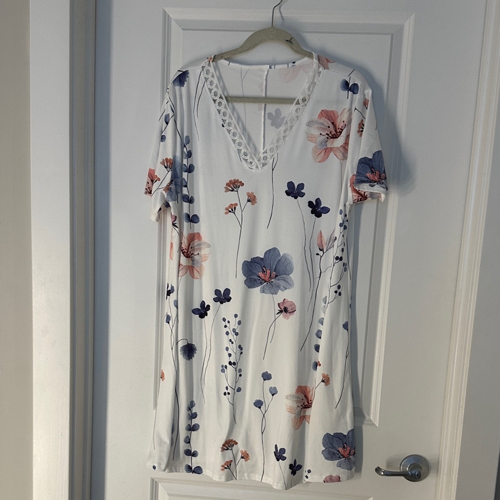 Floral Midi Dress in White with Pink and Blue Accents